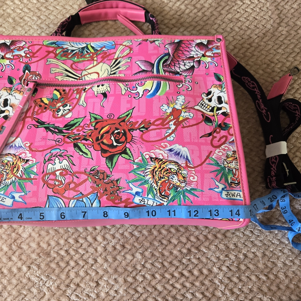 Ed Hardy Tote Bag Pink Straw Love Kills Slowly Skull NWT Strap Y2K Tattoo - Picture 10 of 15